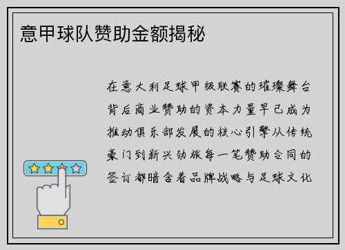 意甲球队赞助金额揭秘