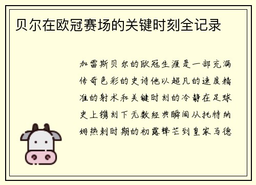 贝尔在欧冠赛场的关键时刻全记录